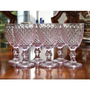 Vintage Set of 6 Pink Diamond Point Pressed Glass Blush Wine/Water Goblets - 6"